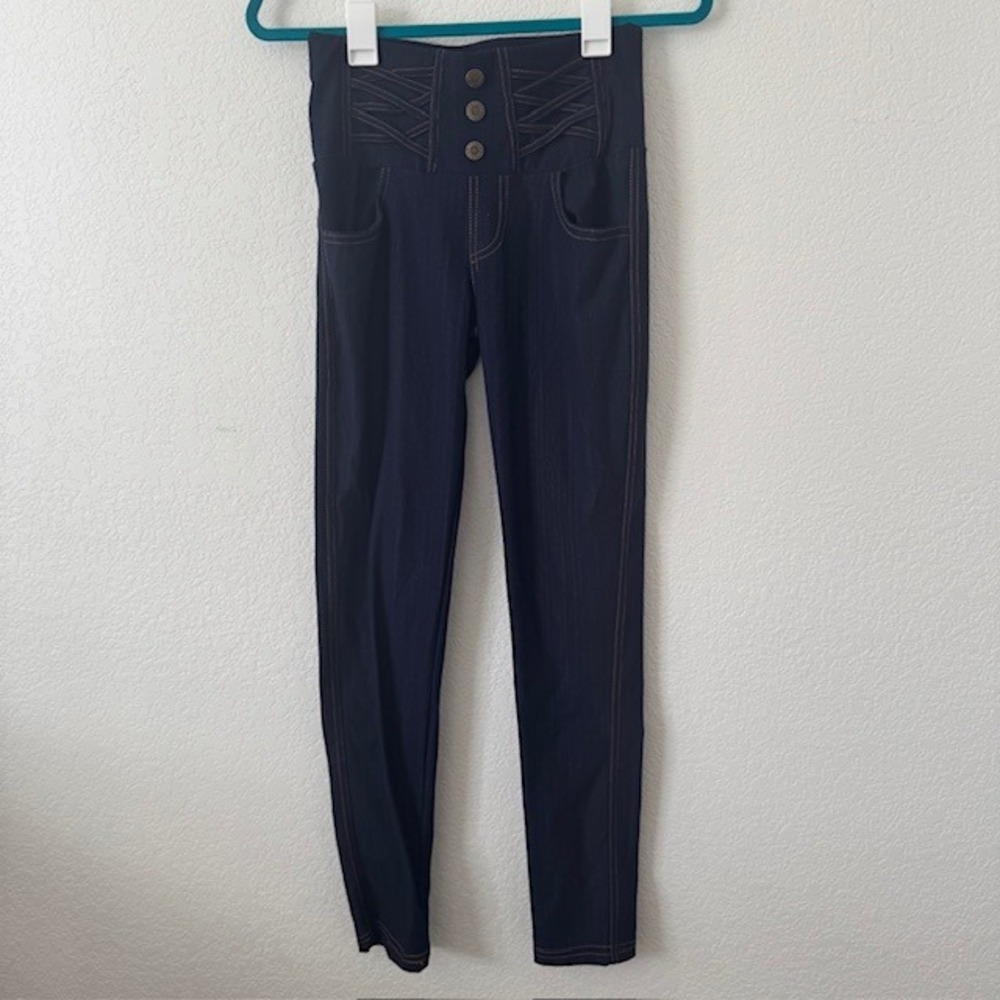 High Waist Jeggings Denim Look Stretchy Three Button Accent Skinny Pants‎